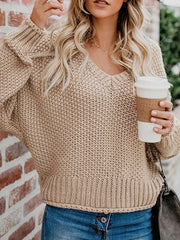 Casual Sweater Solid Bat Sleeve V Neck Stretch Jumper
