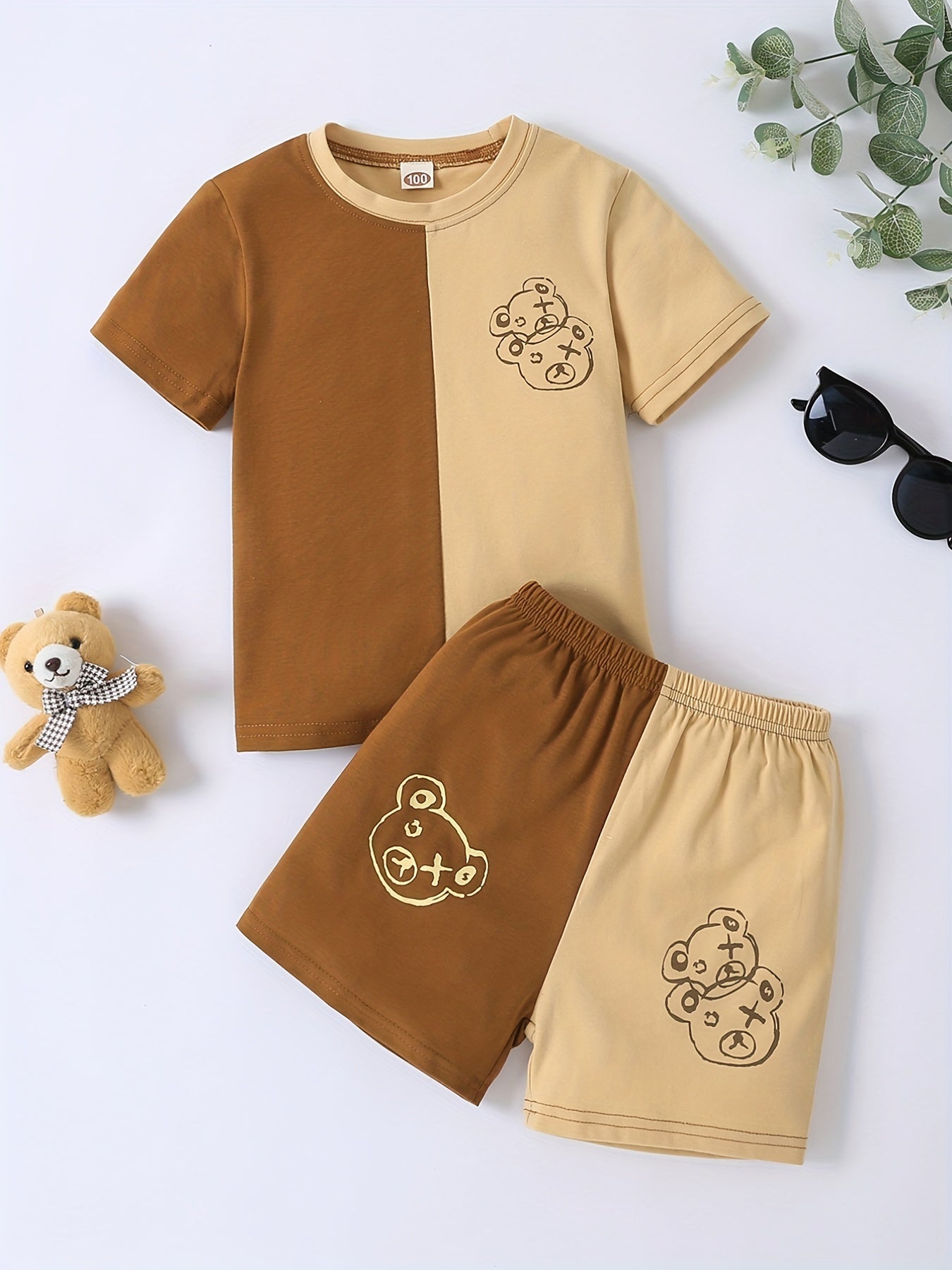 Boys Casual Bear Graphic T Shirt & Shorts Set for Summer