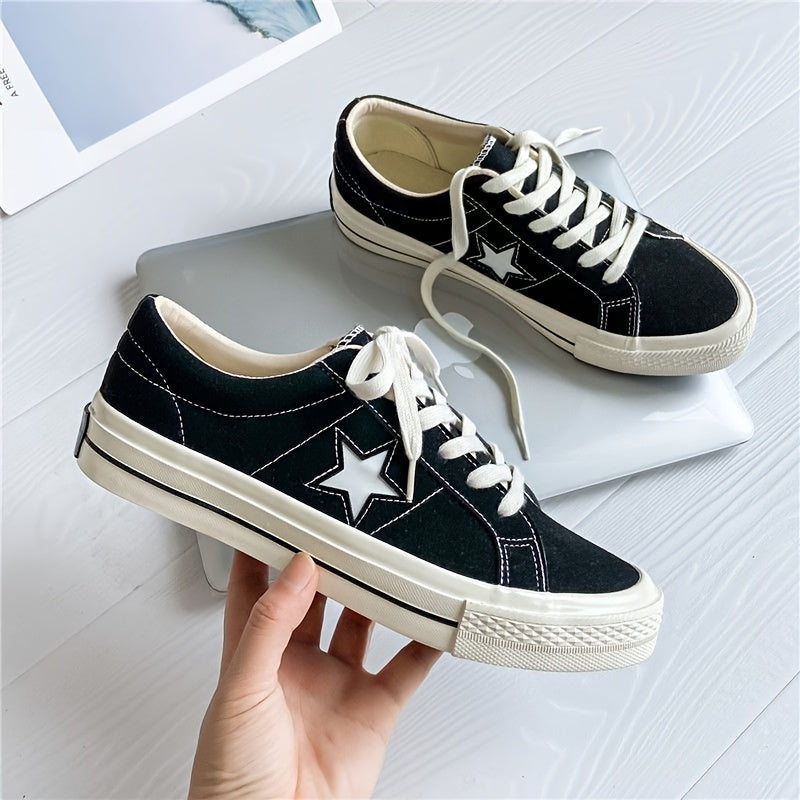Women's Star Pattern Canvas Shoes Low Top Lace Up Round Toe Flat Casual Shoes