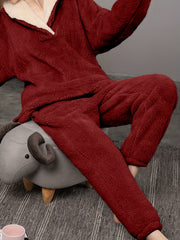 Fuzzy Pajama Set V Neck Top & Pants Women's Sleepwear
