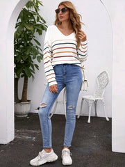 Striped V Neck Drop Shoulder Sweater Casual Long Sleeve