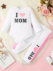 Baby Girl Love Dad Love Mom Letter Print Romper Top Pants 2pcs Set