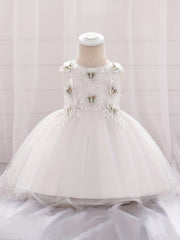 Girls Sleeveless Princess Dress Flower Embroidery Bow Tulle Tutu Dress
