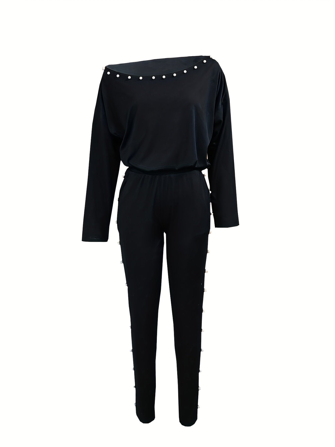 Beaded Two-piece Set Slanted Shoulder Long Sleeve Tops & Pants