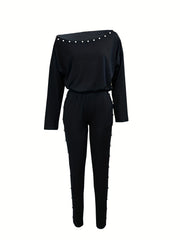 Beaded Two-piece Set Slanted Shoulder Long Sleeve Tops & Pants
