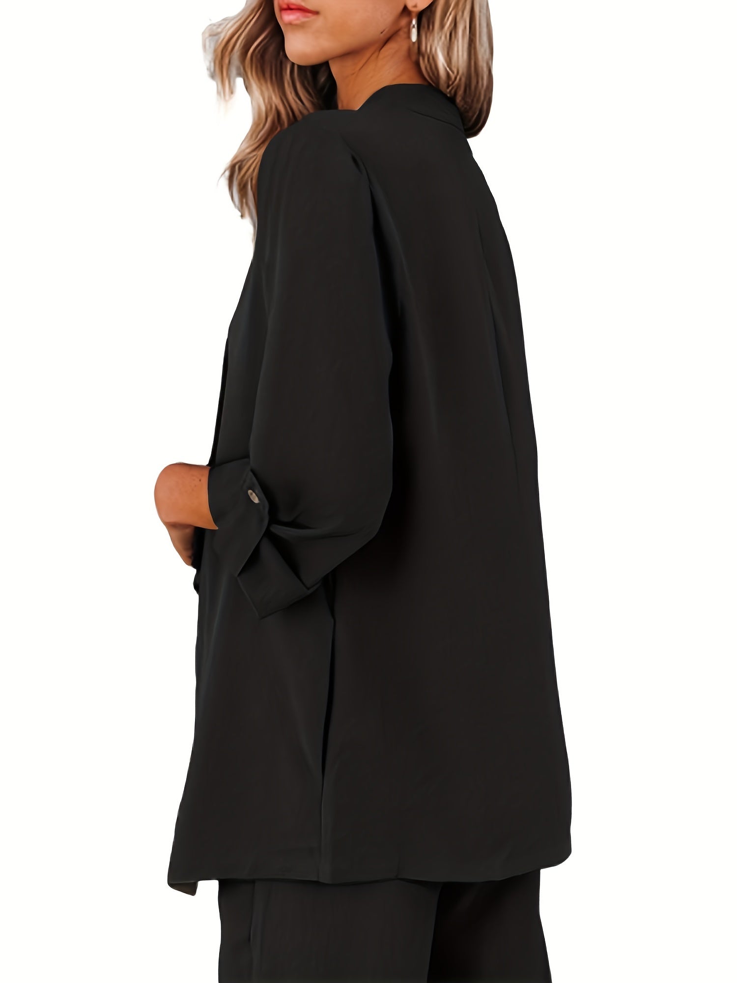 Solid Open Front Blazer Long Sleeve Outerwear Women's Clothing