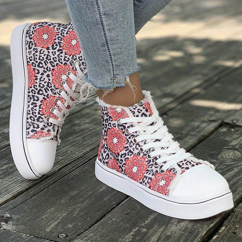 Floral & Leopard Print High Top Canvas Sneakers Lace Up Skate Shoes