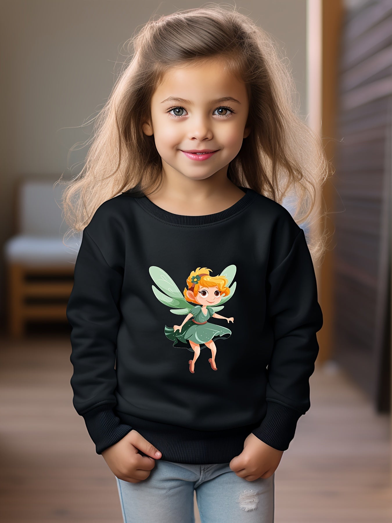OERYUI Cartoon Elf Girl Print Crew Neck Pullover Top Kids Clothes Spring Fall