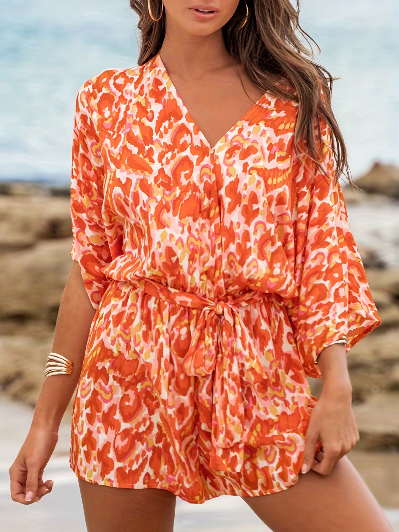 Allover Print V Neck Romper Jumpsuit Casual Half Sleeve Belted Romper