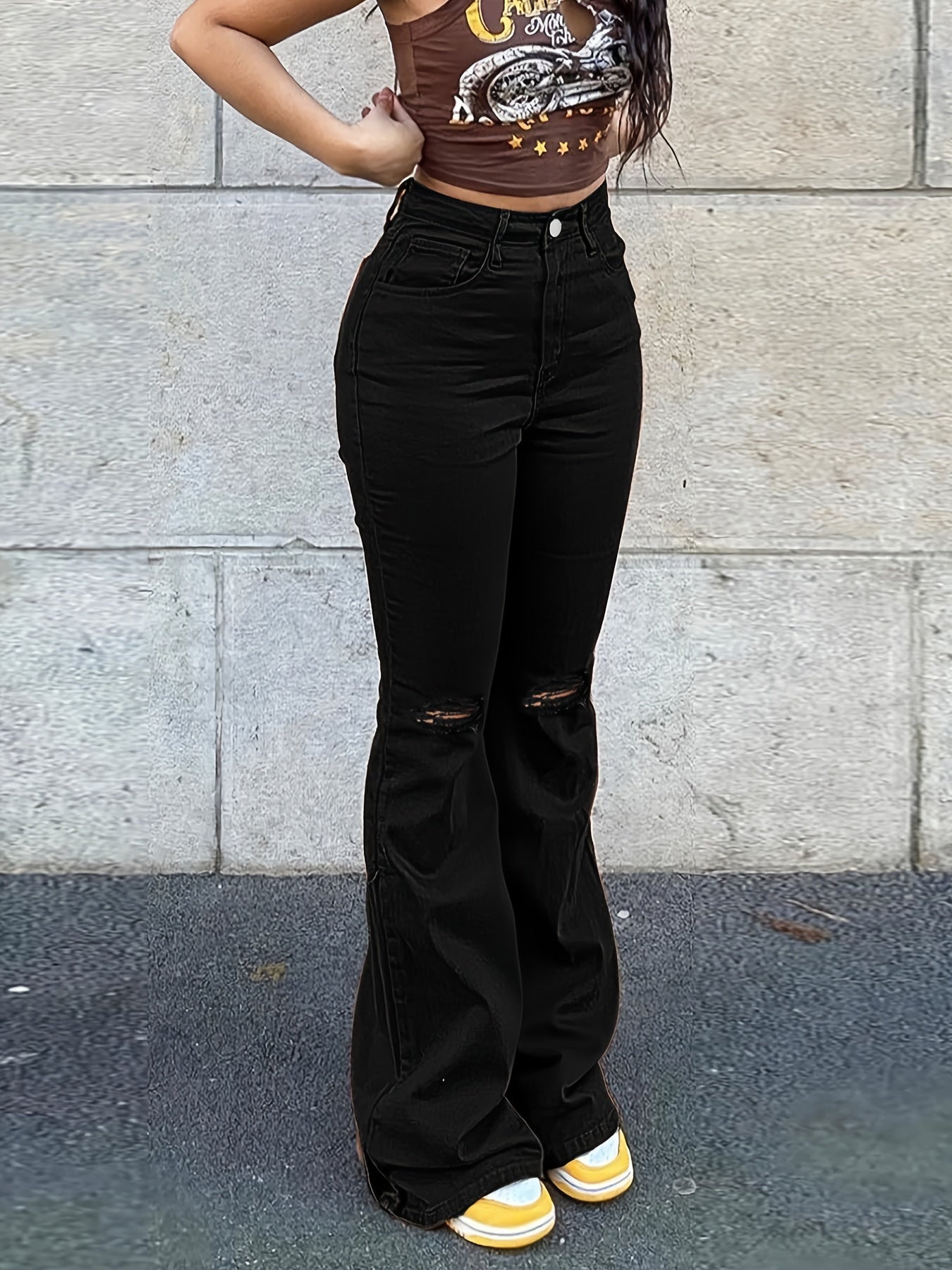 High Rise Ripped Knees Wide Legs Flare Jeans