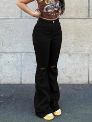 High Rise Ripped Knees Wide Legs Flare Jeans