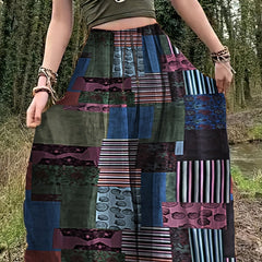 Hippie Patchwork Print Drawstring Skirt Boho Skirt Spring Summer Women's