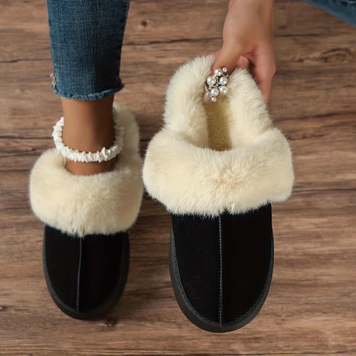 Women's Fluffy Ankle Snow Boots Slip On Platform Warm Slippers