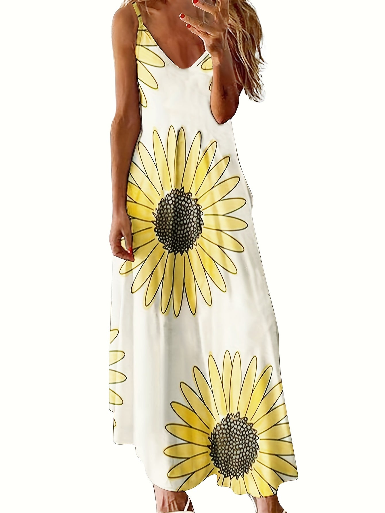 Feather Print Cami Dress V Neck Maxi Dress