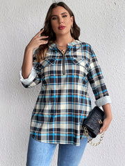 Plaid Print Long Sleeve Zip Up Notched Neck Top
