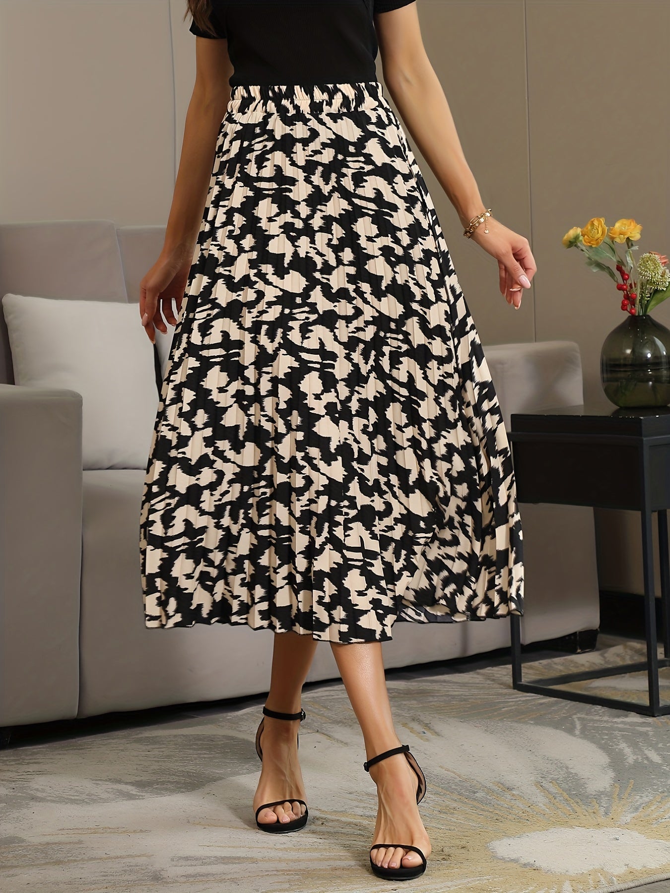 Printed Pleated Skirt Elastic Waist Spring & Summer Women's Clothing