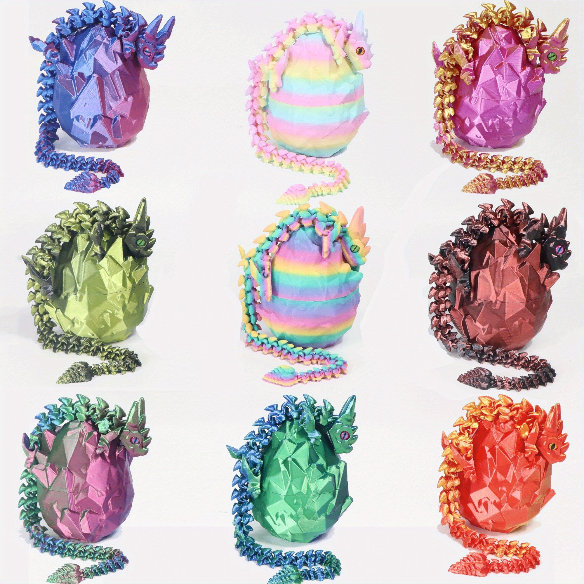 3D Printed Crystal Dragon Egg Set with Fully Jointed Dragon Inside