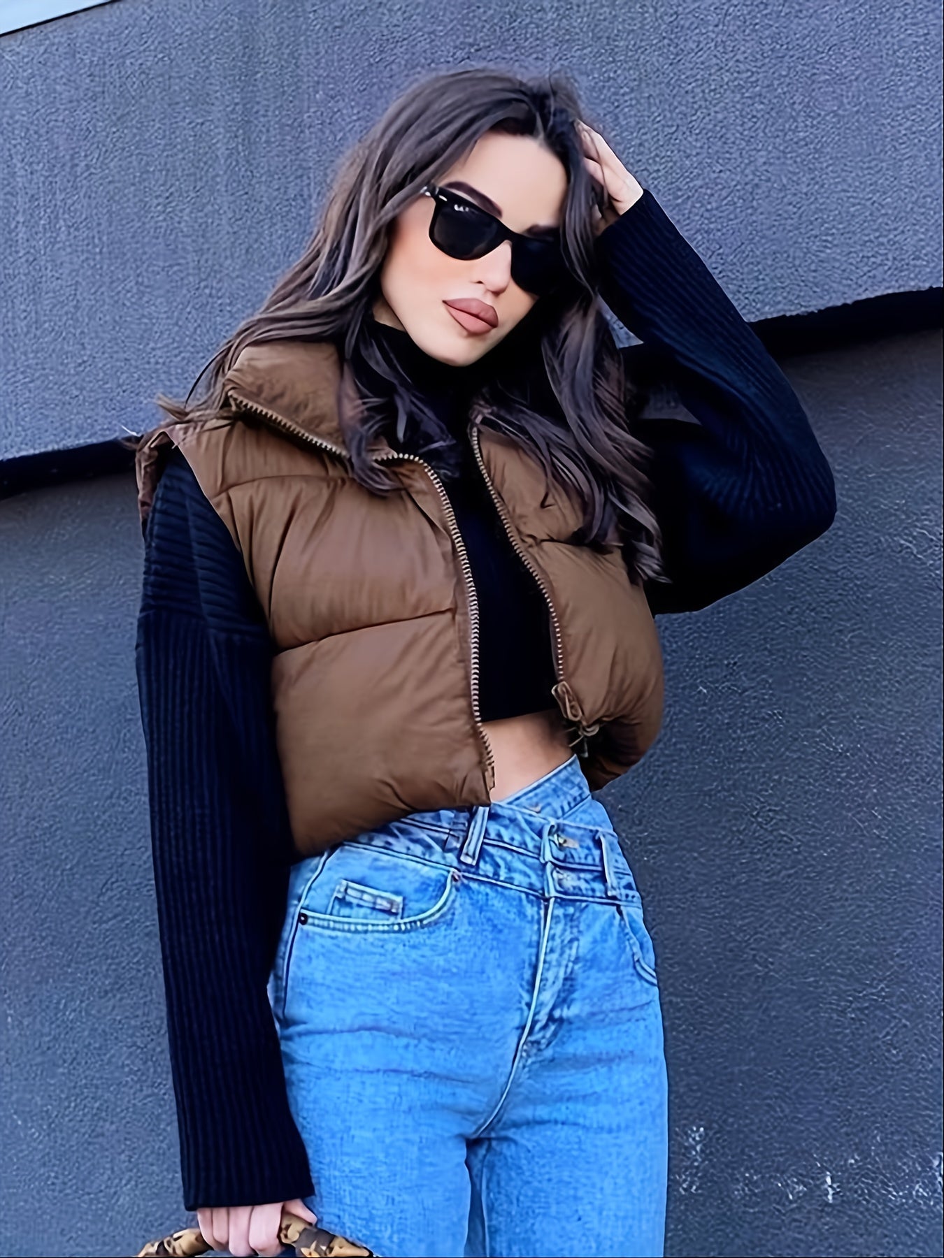 Crop Vest Raglan Sleeve Zipper Jacket Women's Clothing