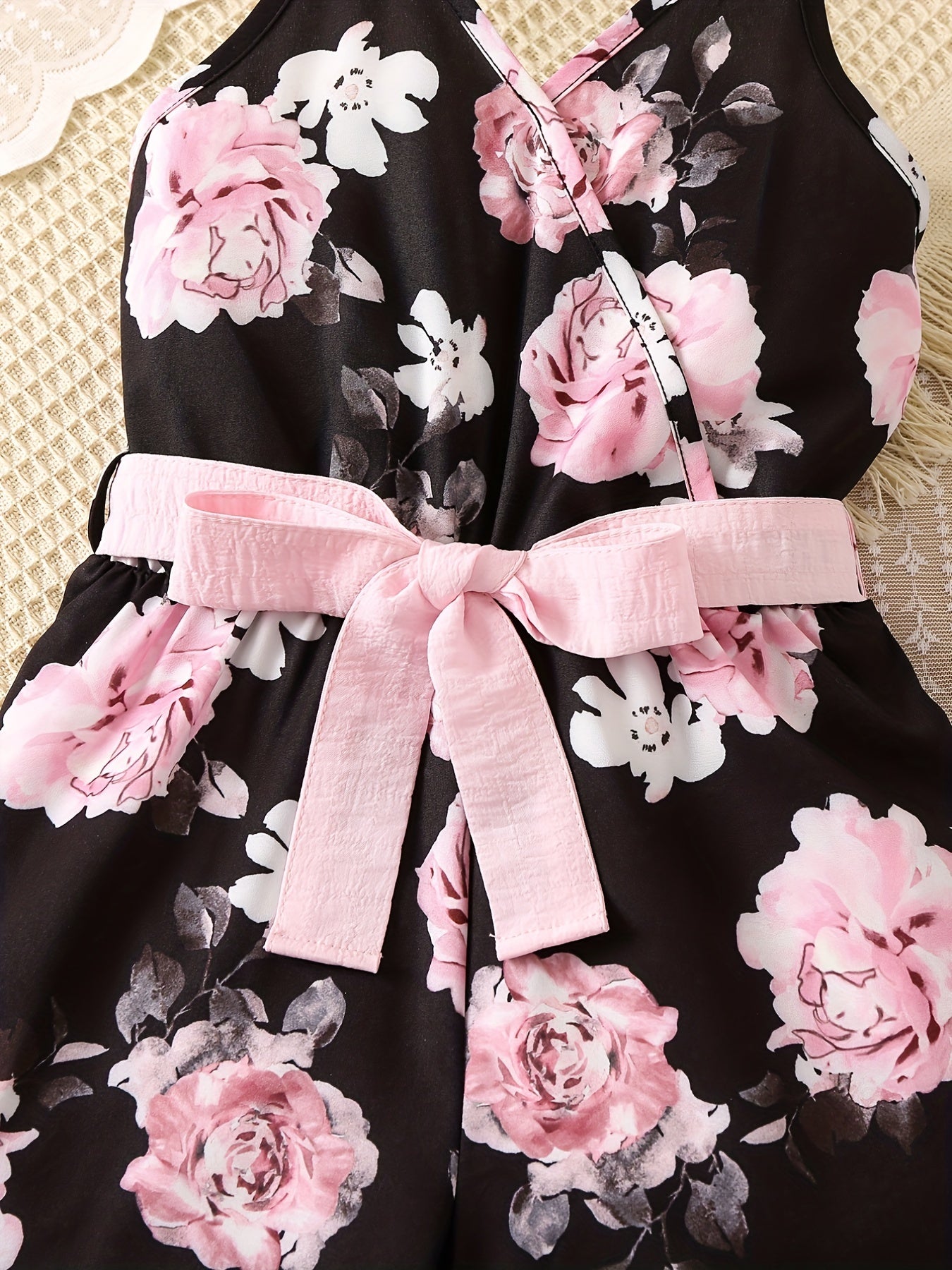 Toddler Girls Flowers Graphic Belted Cami Rompers Wide Leg Jumpsuits