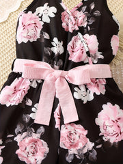 Toddler Girls Flowers Graphic Belted Cami Rompers Wide Leg Jumpsuits