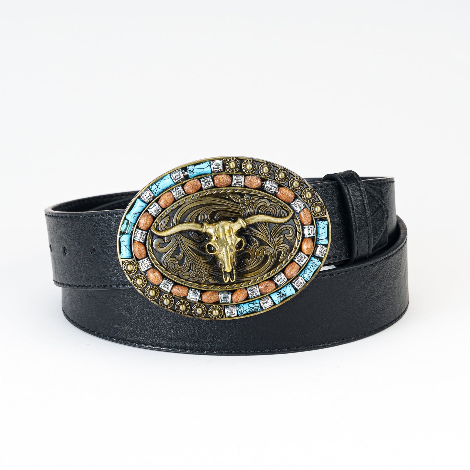 Antique Bull Head Men's Belt with Oval Buckle