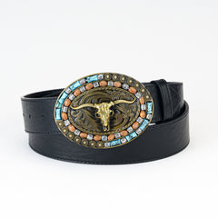 Antique Bull Head Men's Belt with Oval Buckle