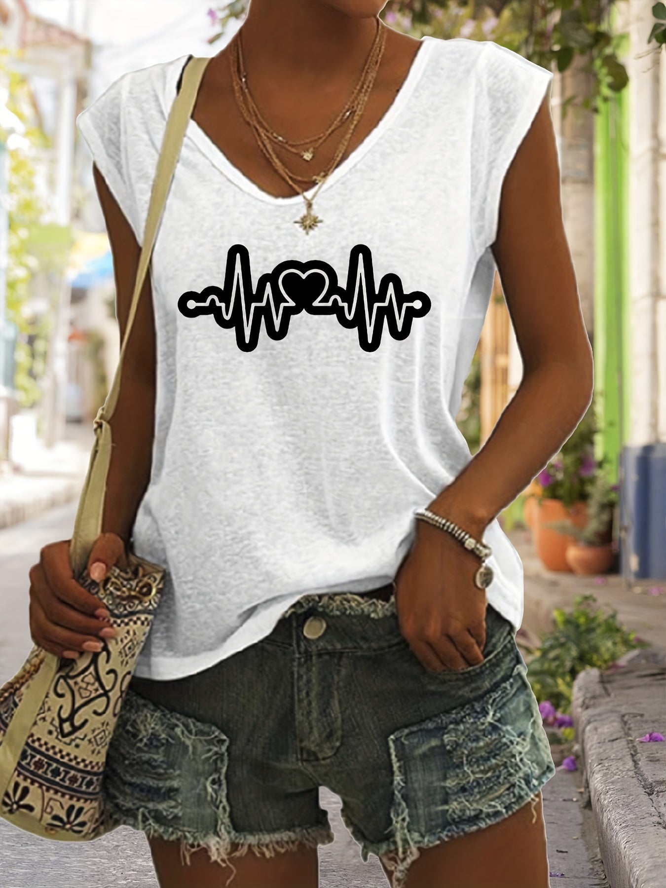 Heart Print V Neck Tank Top Women's Summer Sleeveless Casual Top