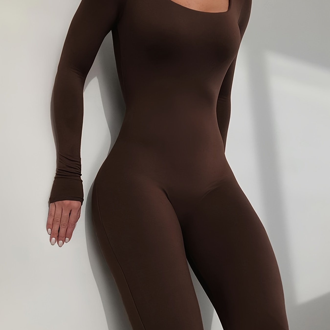 Solid Crew Neck Long Sleeve Bodycon Jumpsuit Women's Clothing