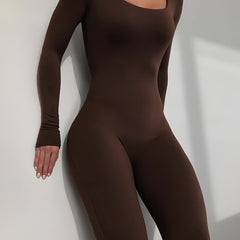 Solid Crew Neck Long Sleeve Bodycon Jumpsuit Women's Clothing