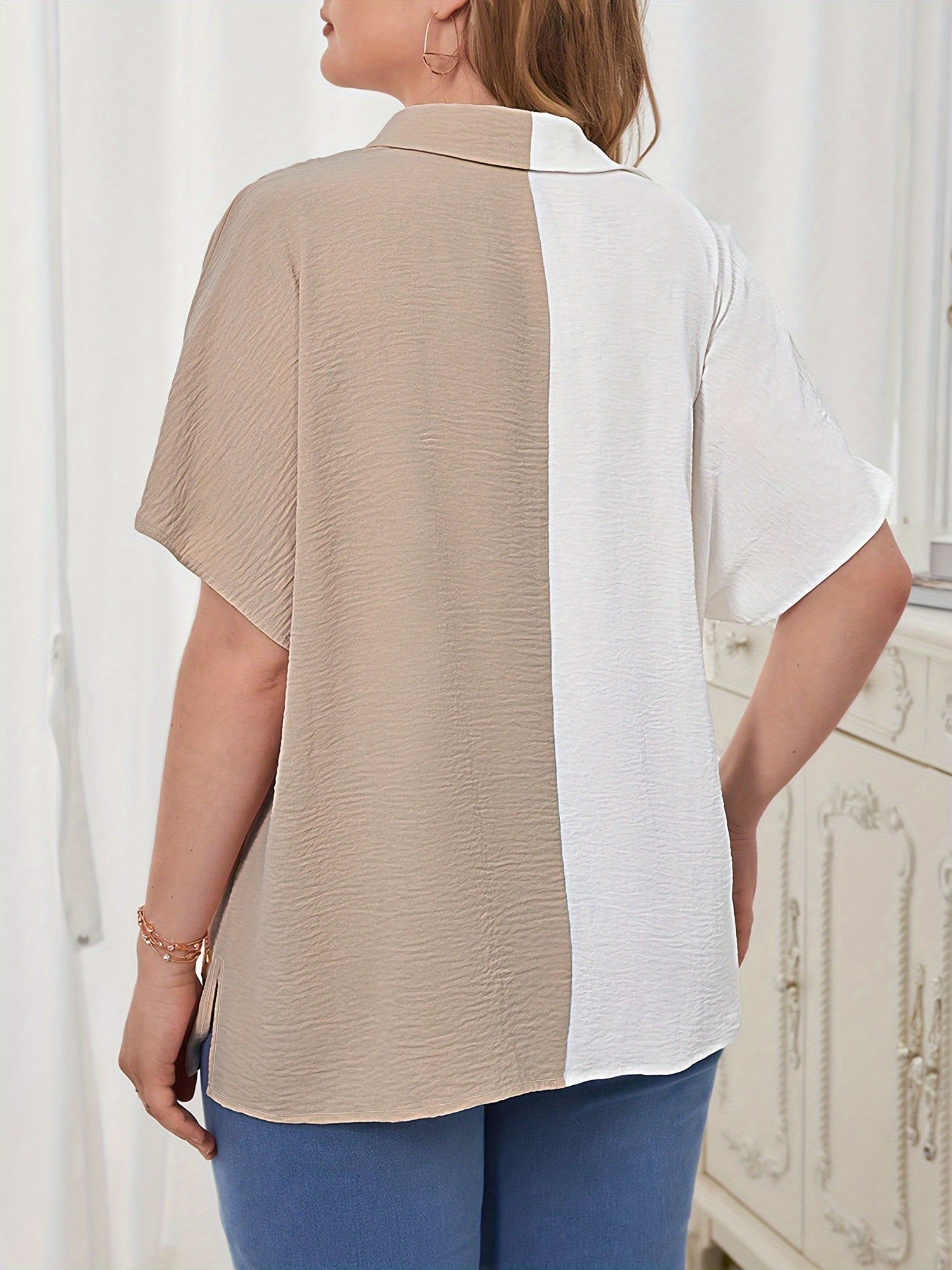 Colorblock Short Sleeve Button Up Blouse