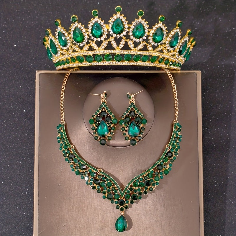 Green Crystal Bridal Jewelry Set Party Rhinestone Tiara Necklace Earrings