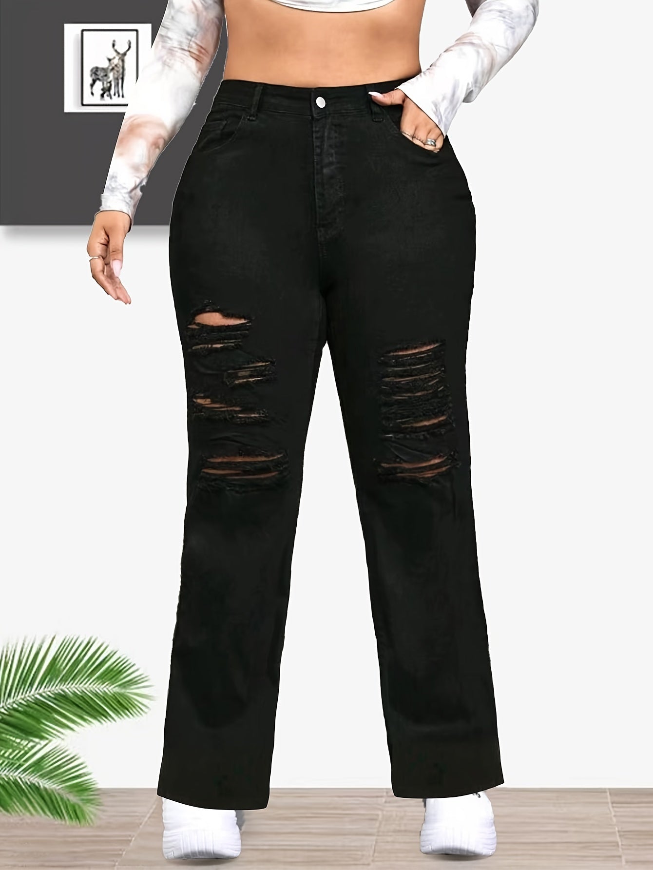 Ripped High Rise Flared Leg Jeans