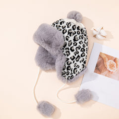 Leopard Print Fleece Lined Hat with Pom Pom