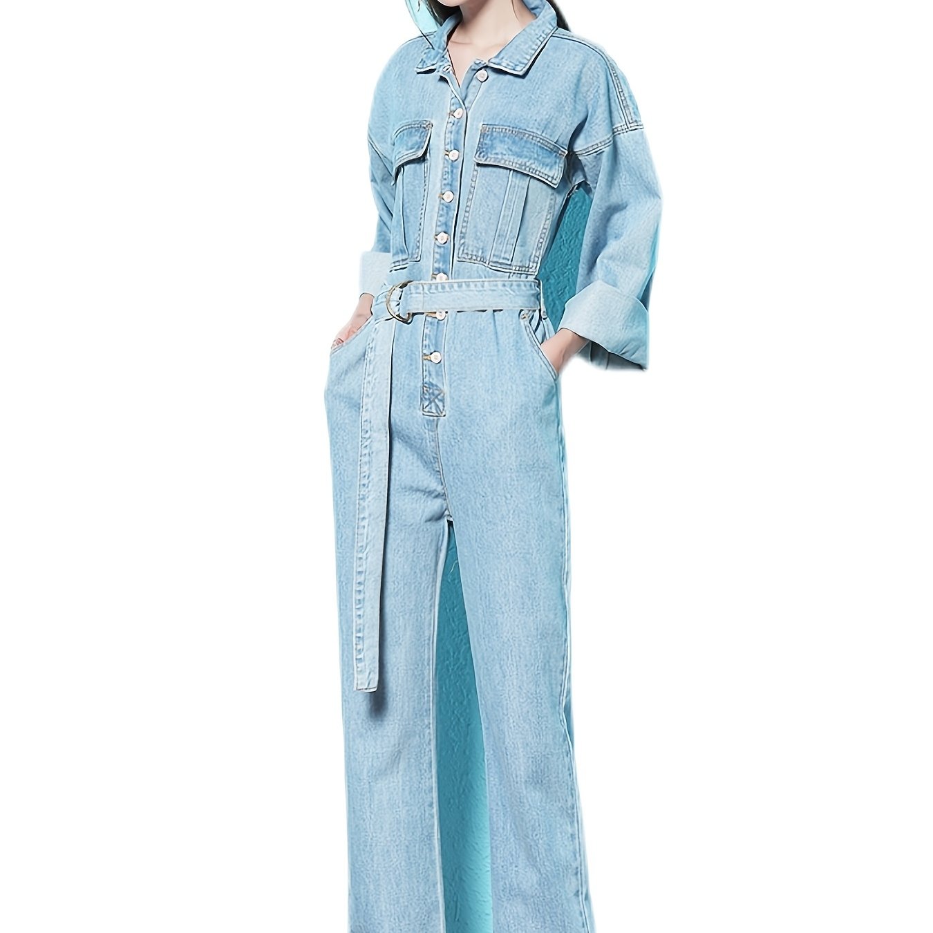 Elastic Band Waist Denim Jumpsuit Long Sleeve Flap Pockets