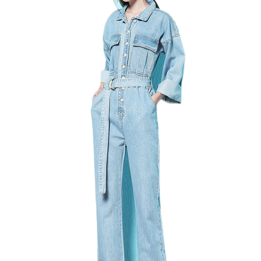 Elastic Band Waist Denim Jumpsuit Long Sleeve Flap Pockets