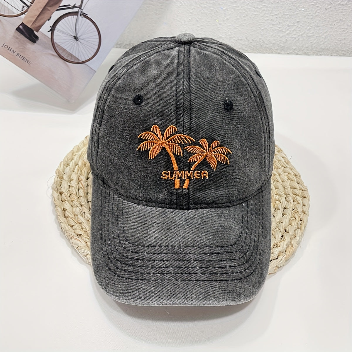Coconut Tree Embroidered Baseball Cap Distressed Dad Hat