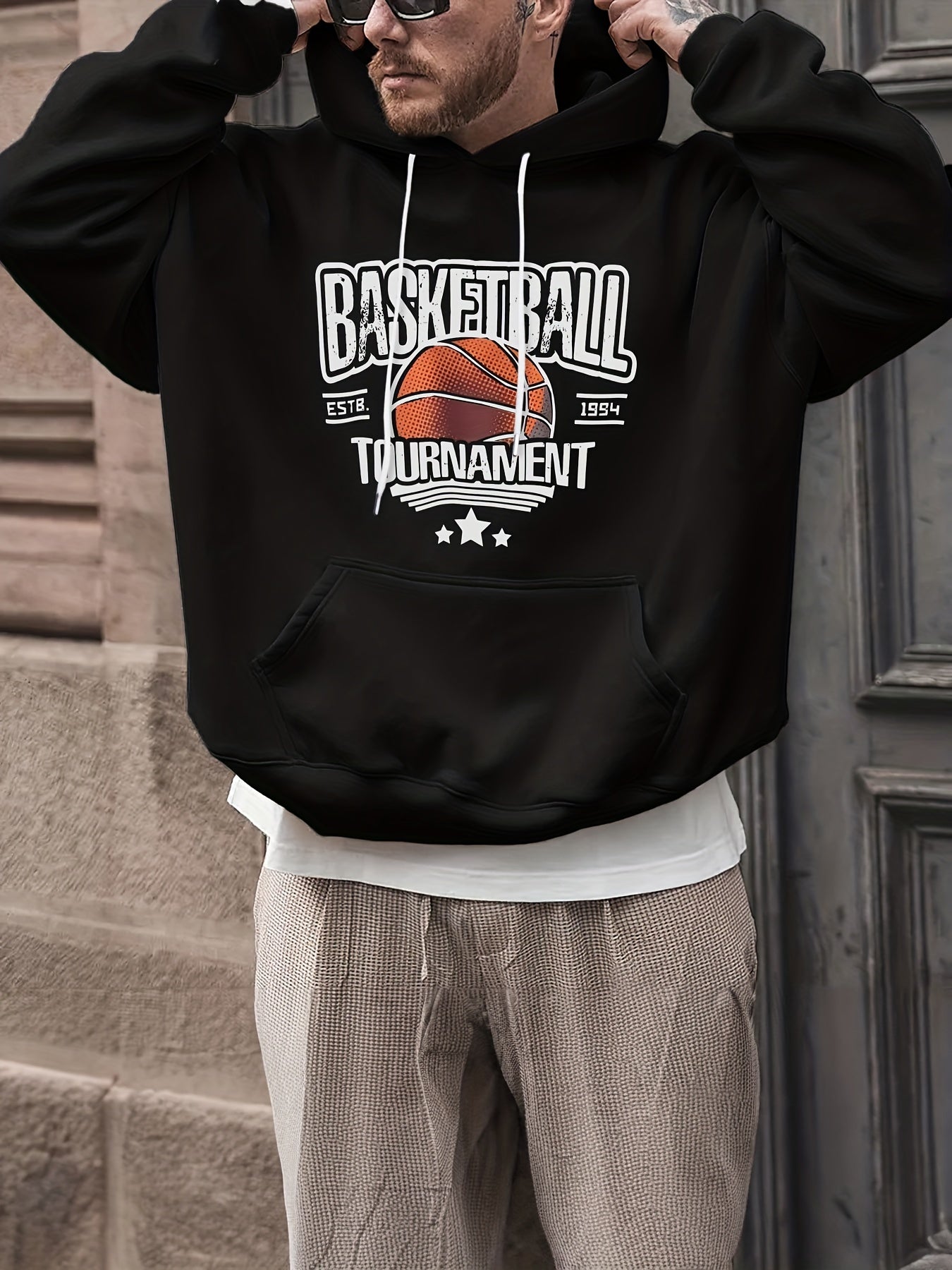 Basketball & Letter Print Hoodies For Men Graphic Sweatshirt Hooded Pullover