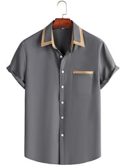 Men's Short Sleeve Button Up Shirt, Chest Pocket, Contrast Lapel