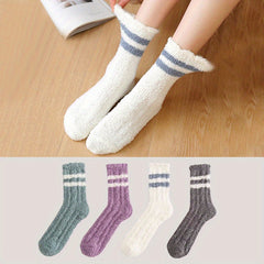 4 Pairs Striped Fuzzy Socks Warm & Cozy Floor Socks Women's Stockings