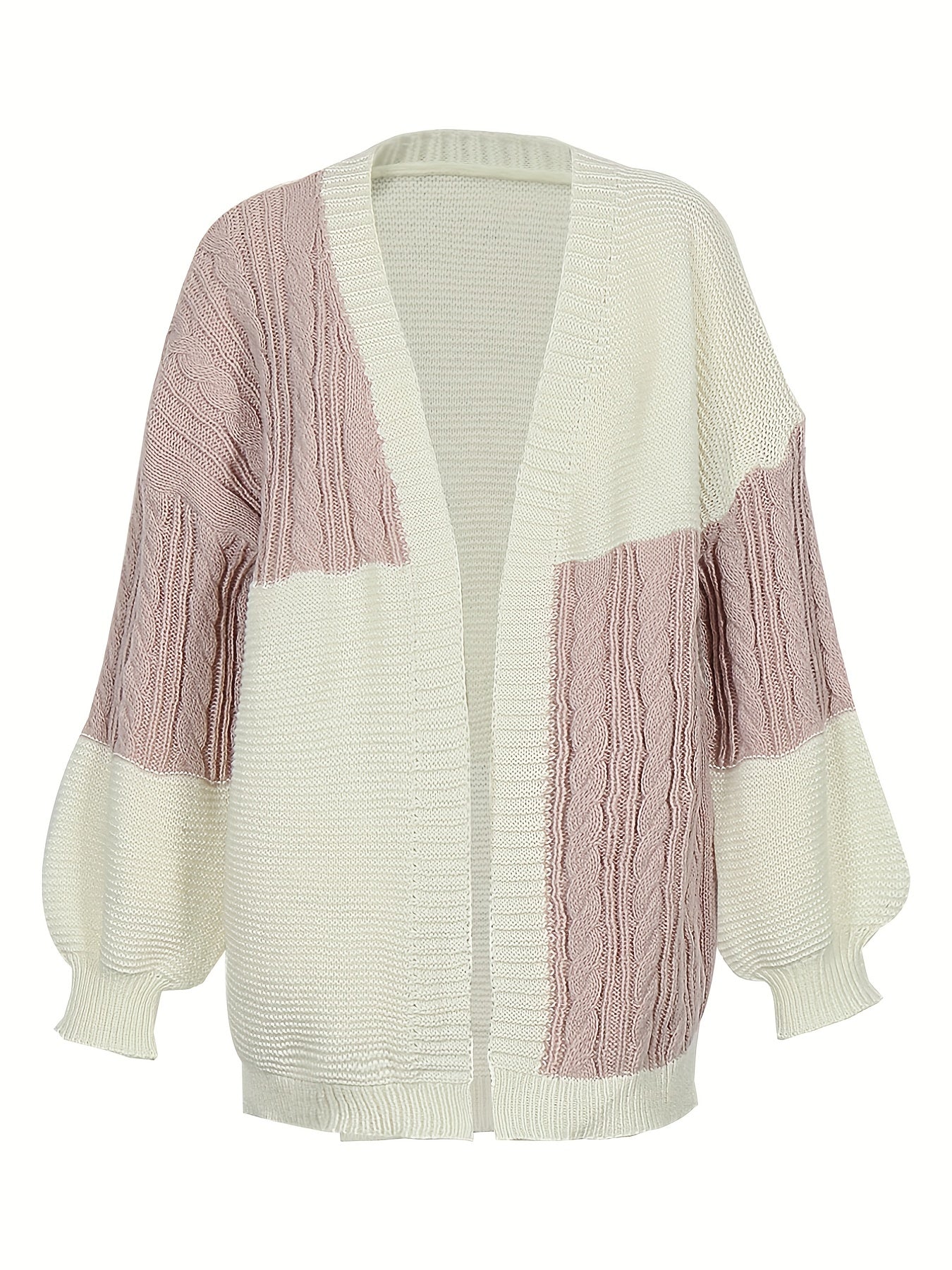 Colorblock Cable Lantern Sleeve Open Front Cardigan