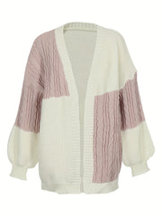Colorblock Cable Lantern Sleeve Open Front Cardigan