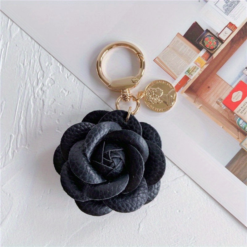 Faux Leather Camellia Car Keychain for Backpack