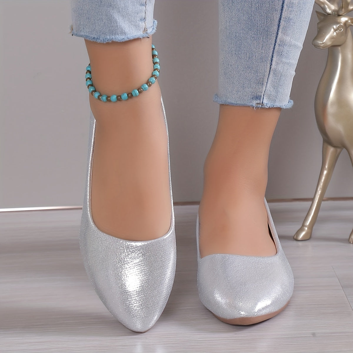 Women's Glitter Loafers Pointed Toe Slip On Flat Shoes