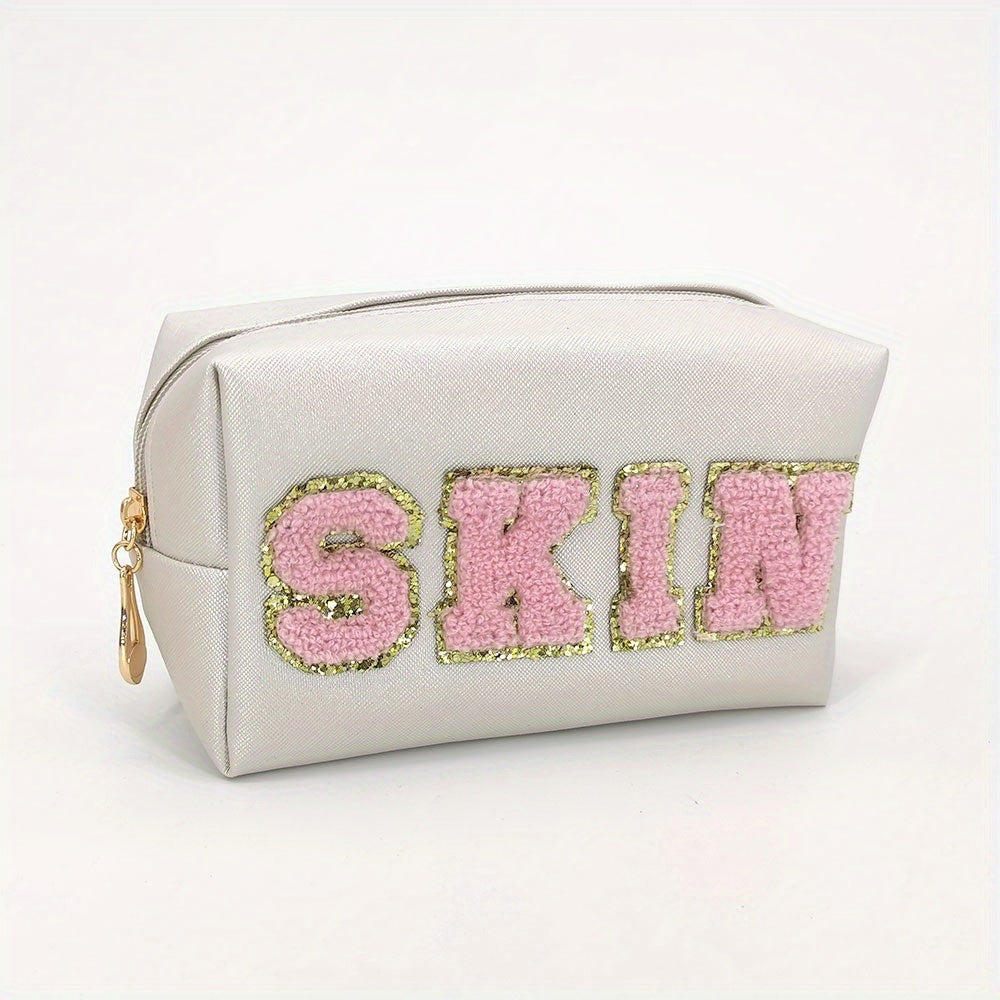 Chenille Letter Preppy Patch Makeup Bag Waterproof PU Leather Cosmetic Bag