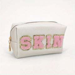 Chenille Letter Preppy Patch Makeup Bag Waterproof PU Leather Cosmetic Bag