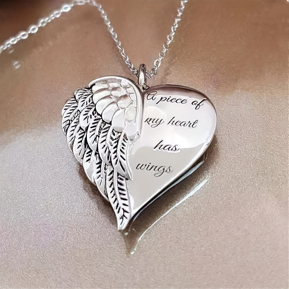 Vintage Funky Engraved Letter Wing Heart Pendant Necklace