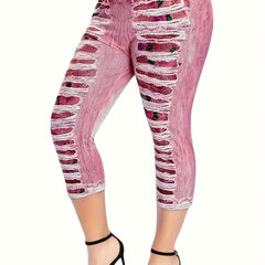 Women's Ripped Denim Print Leggings High Waist Yoga Pants