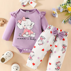 3pcs Baby Girl Elephant Long Sleeve Triangle Jumpsuit Bow Knot Trousers Set