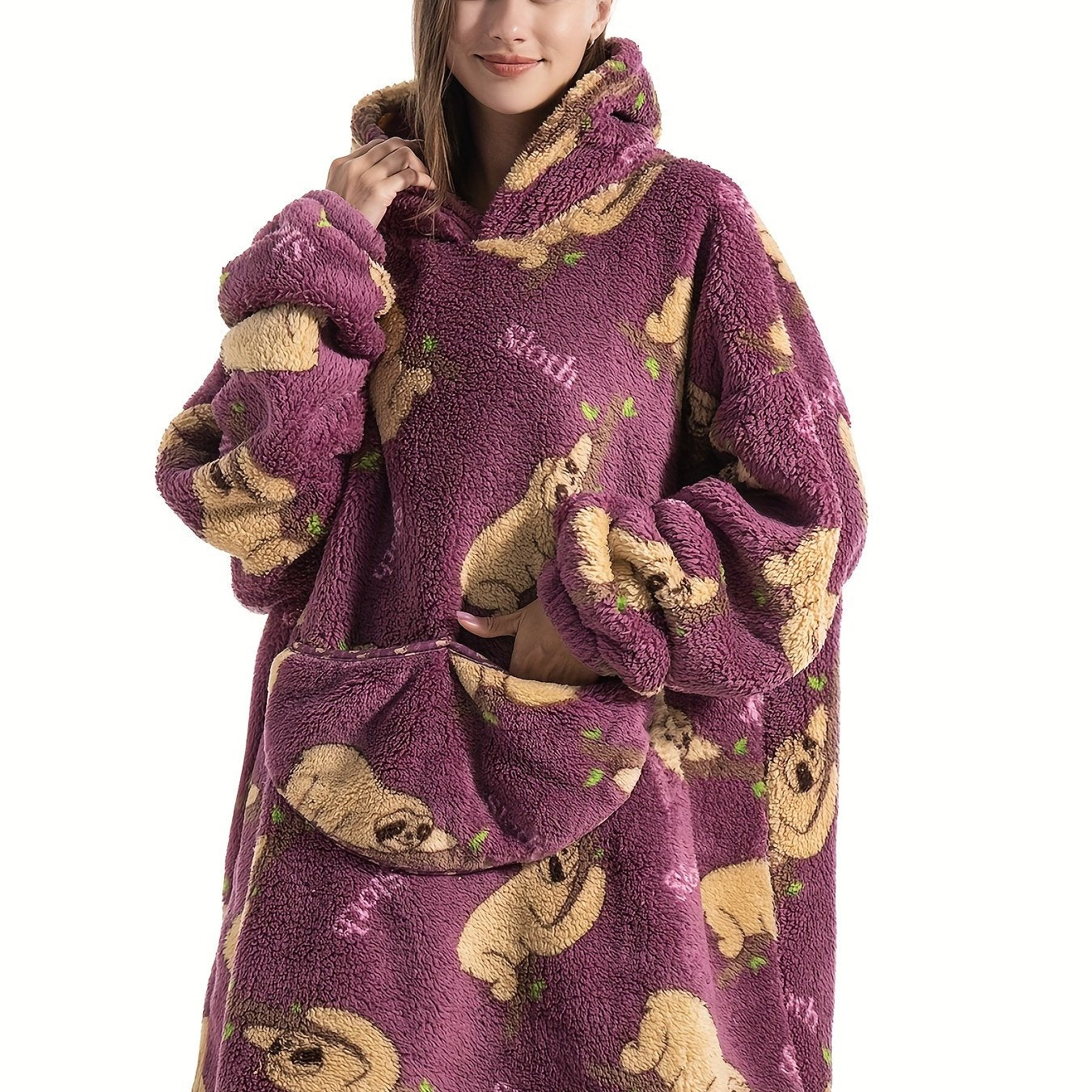 Lounge Robe Women's Plus Sloth Pattern Warm Oversized Fleece Hoodie