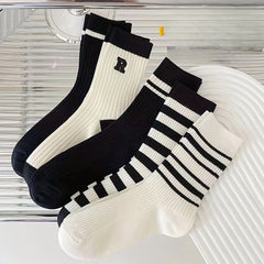 5 Pairs Striped Crew Socks Breathable Mid Tube Stockings